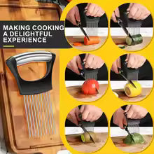 1pc Stainless Steel Onion Slicer Holder Tomato Slicer Holder Multipurpose Meat Tenderizers Kitchen Gadgets Assistant Slicer Tool